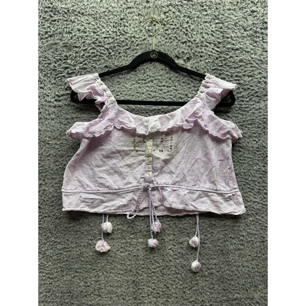 Sisterhood Embroidered‎ Off-The-Shoulder Ruffled Crop Top Purple Womens Size S/M